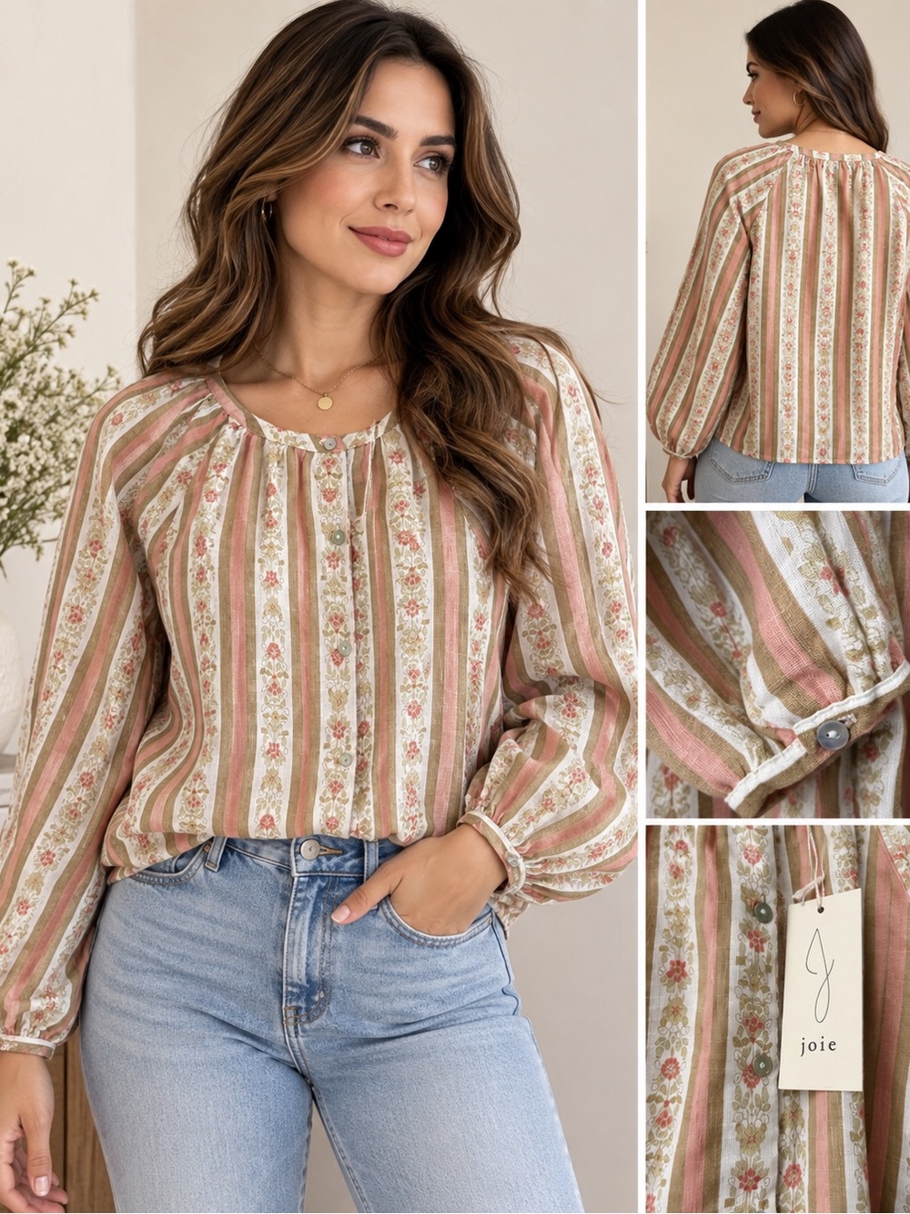 Joie Women’s Blouse Size L 100% Linen Floral Stripe Button Front NWT